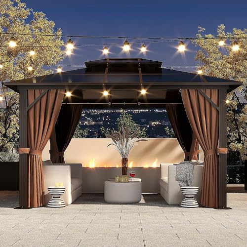 Jolydale 10'x12' Hardtop, Outdoor Polycarbonate Gazebo, Double Roof Gazebo, Aluminum Frame Permanent Pavilion with Netting and Curtains, for Patios, Gardens, Backyard