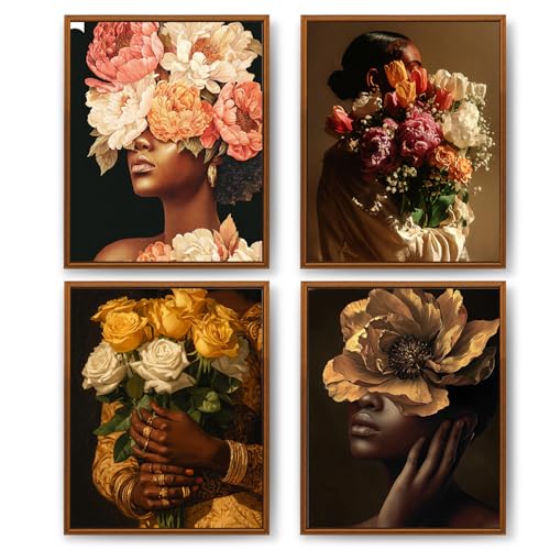 Qykwz Black Women Floral Wall Art Prints, Elegant Modern African American Women Flower Posters Pictures Wall Decor for Girls Bedroom Living Room Home, 8x10 Unframed Set of 4