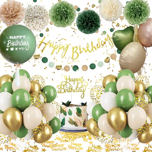 Decorazioni Compleanni Bambina Donne, Palloncini Compleanno Verde Oro, Pompon di carta per la Decorazioni Compleanno, Palloncino in alluminio Ragazza Donna Uomo