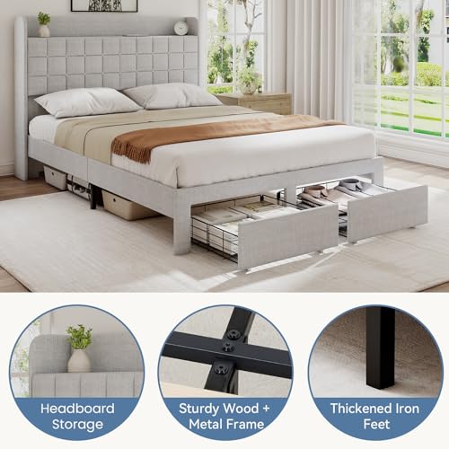 Image of Full Size Storage Bed Frame, Square Tufted Headboard, Platform Bed with 2 Underbed Drawers at Foot, Wooden Slats Support, No Box Spring Needed, Light Gray