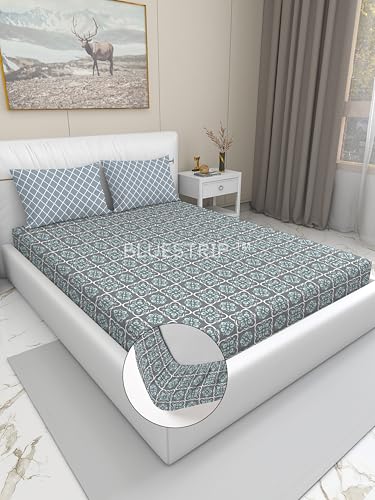 Image of Blue Strip 300 TC Cotton Feel Glace Cotton Elastic Fitted Printed Queen Size Double Bed Bedsheet with 2 Pillow Covers Fits Upto 8 inches,Size- 60x78x8 Inches