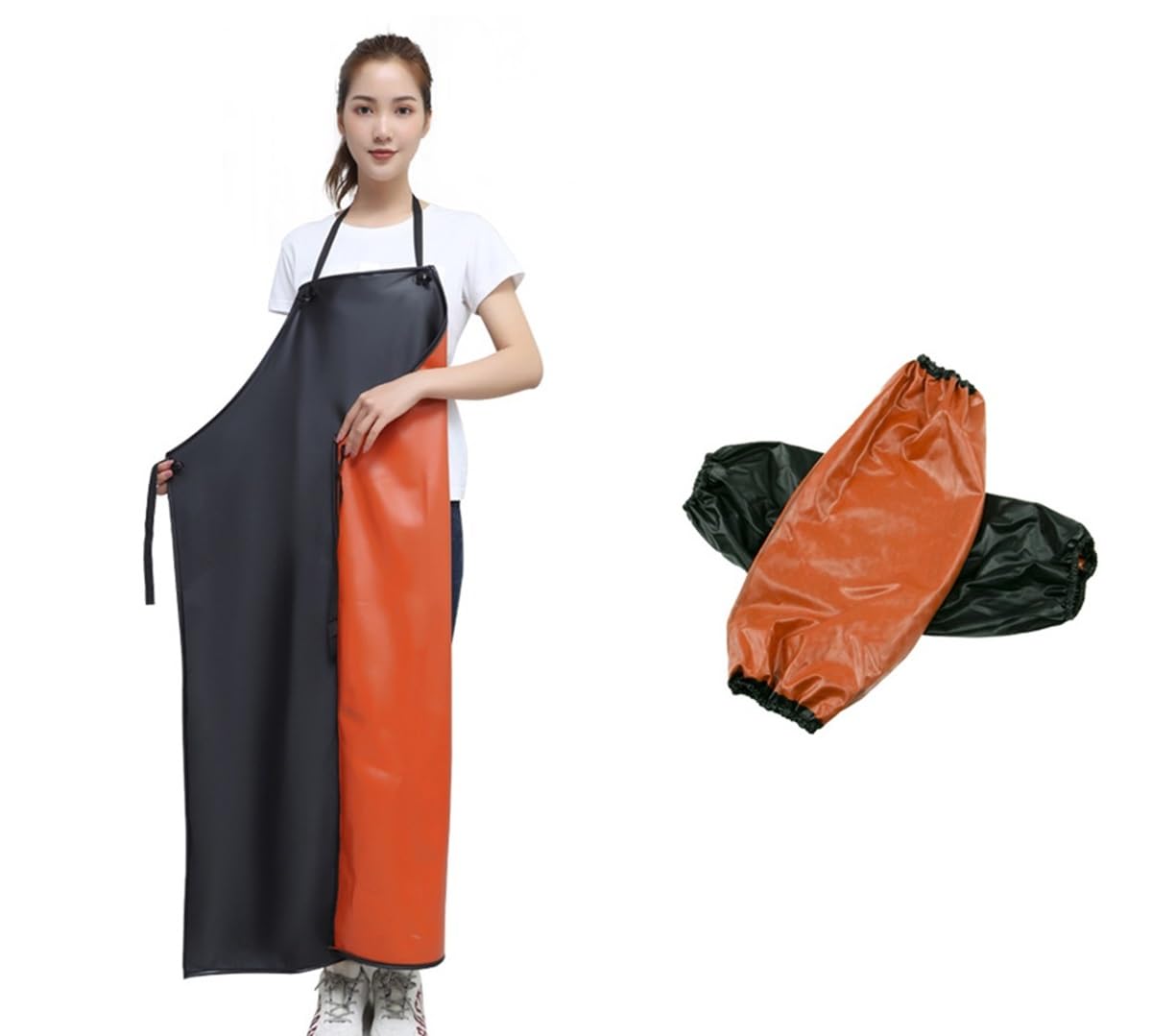Jinlanonly Rubber Waterproof Apron Work Safety Apron Black Apron With 2 Sleeves, Waterproof Rubber Vinyl Black Work Apron 43 Inch Adjustable Bib