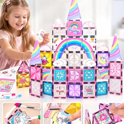 Image of 50 PCS Magnetic Tiles Princess Castle Building Set for Kids | Window Art Magnetic Blocks with Figures & Unicorn | STEM Educational Construction Toy for Girls Boys Age 3+