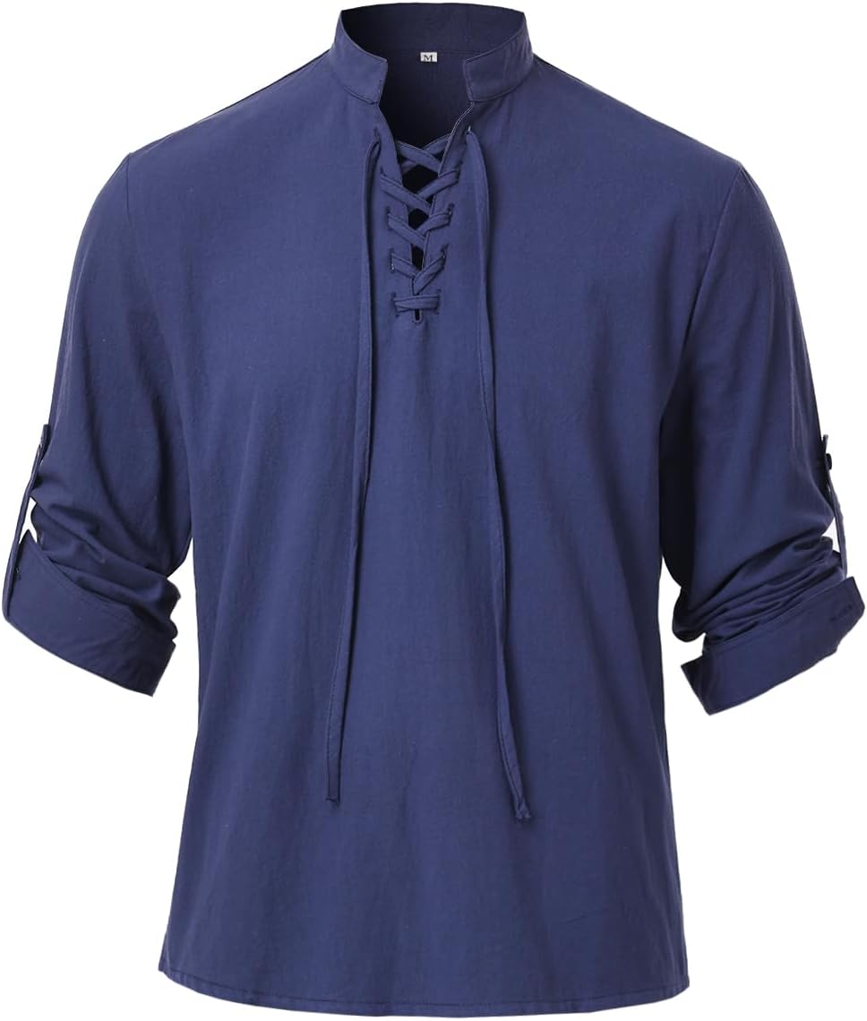Men's Lace up Shirt Long Sleeve Pirate Tops Medieval Costume Cotton