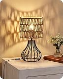 GOEBLESON Lámpara de Mesita de Noche, Luz de Mesa Auxiliar con Marco de Metal y Pantalla de Lino, con 1 Bombilla LED de 4W, para Dormitorio, Salón, Papel de ratán y Negro ZHW10TLD05