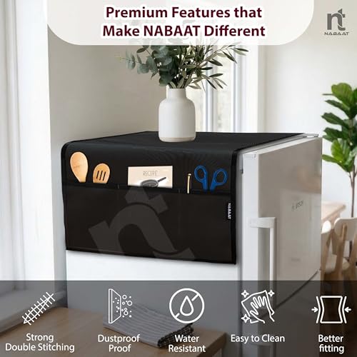 Image of NABAAT Premium Fridge Cover Top for Single Door Refrigerator Kitchen Decor Durable Dustproof Waterproof Modern Design with 6 Side Pockets for Kitchen Accessories - 130 x 54cm (Black)