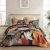 Tyrot 3 Piece Black Boho Floral Full/Queen Quilt Sets Reversible Farmhouse Botanical Lightweight Bedspread Coverlet with 2 Shams Butterfly Microfiber Bedding Quilts Set for All Season, 90''x96''