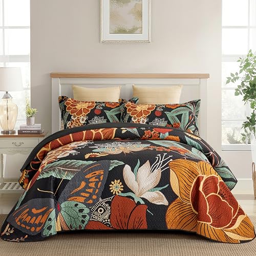 Image of Tyrot 3 Piece Black Boho Floral King Size Quilt Sets Reversible Farmhouse Botanical Lightweight Bedspread Coverlet with 2 Shams Butterfly Microfiber Bedding Quilts Set for All Season, 106''x96''