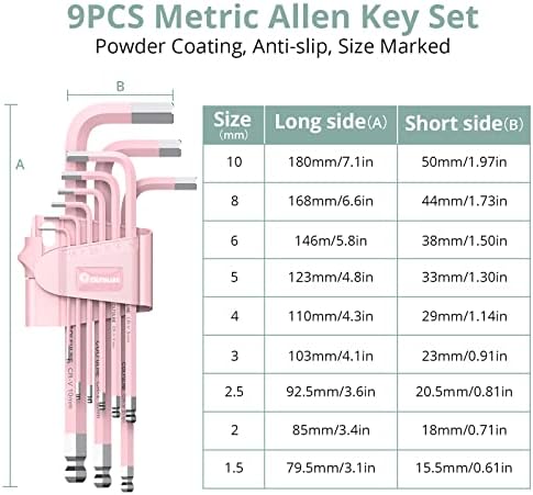 COLFULINE Pink Metric Allen Key Set, 9PCS Hex Key Set, Ball End Allen Keys Sizes 1.5-10mm, Alan Keys Sets for Bicycle Motorcycle Repair Furniture Assembly Household DIY, Pink Tool Gifts for Women Men