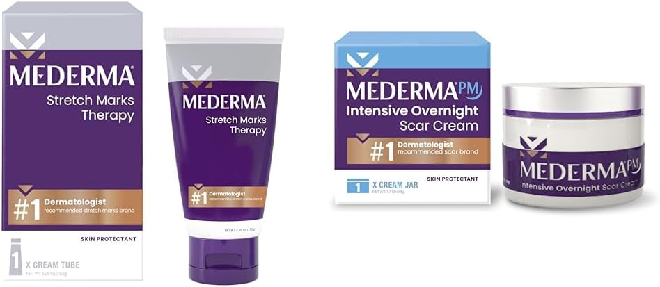 Mederma Stretch Marks Therapy, Helps Prevent and Treat Stretch Marks, Safe to Use When Pregnant & PM Intensive Overnight Scar Cream, Works with Skin's Nighttime Regenerative Activity