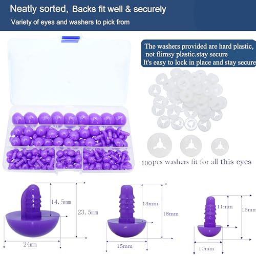 200Pcs Safety Eyes and Secure Washers for Amigurumi Crochet - Thalinfayi 10/15/24mm Safety Eyes Translucent Colored Craft Eyes for DIY Making or Replace of Amigurumi, Crafts, Crochet Doll Supplies - Thumbnail 2