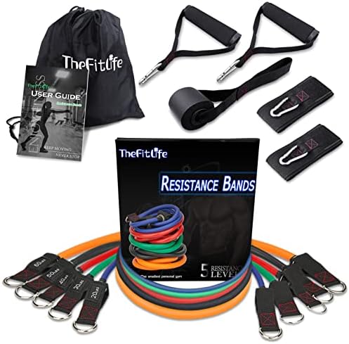 TheFitLife Exercise Resistance Bands with Handles - 5 Fitness Workout Bands Stackable up to 110/150 lbs, Training Tubes with Large Handles, Ankle Straps, Door Anchor Attachment, Carry Bag (200LBS)