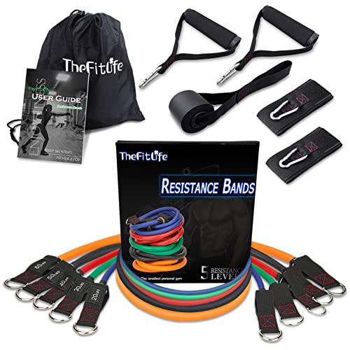 Thefitlife Exercise Resistance Bands With Handles - 5 Fitness Workout Bands Stackable Up To 110/150 Lbs, Training Tubes With Large Handles, Ankle Straps, Door Anchor Attachment, Carry Bag (200Lbs) #TOP24