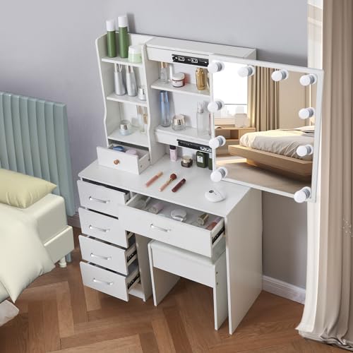 Logimiz White Vanity Desk with Sliding Mirror and Lights, Makeup Vanity Table with 3 Color and Brightness Adjustable, Girls Makeup Vanity with Stool and Drawers for Bedroom (Y1907)
