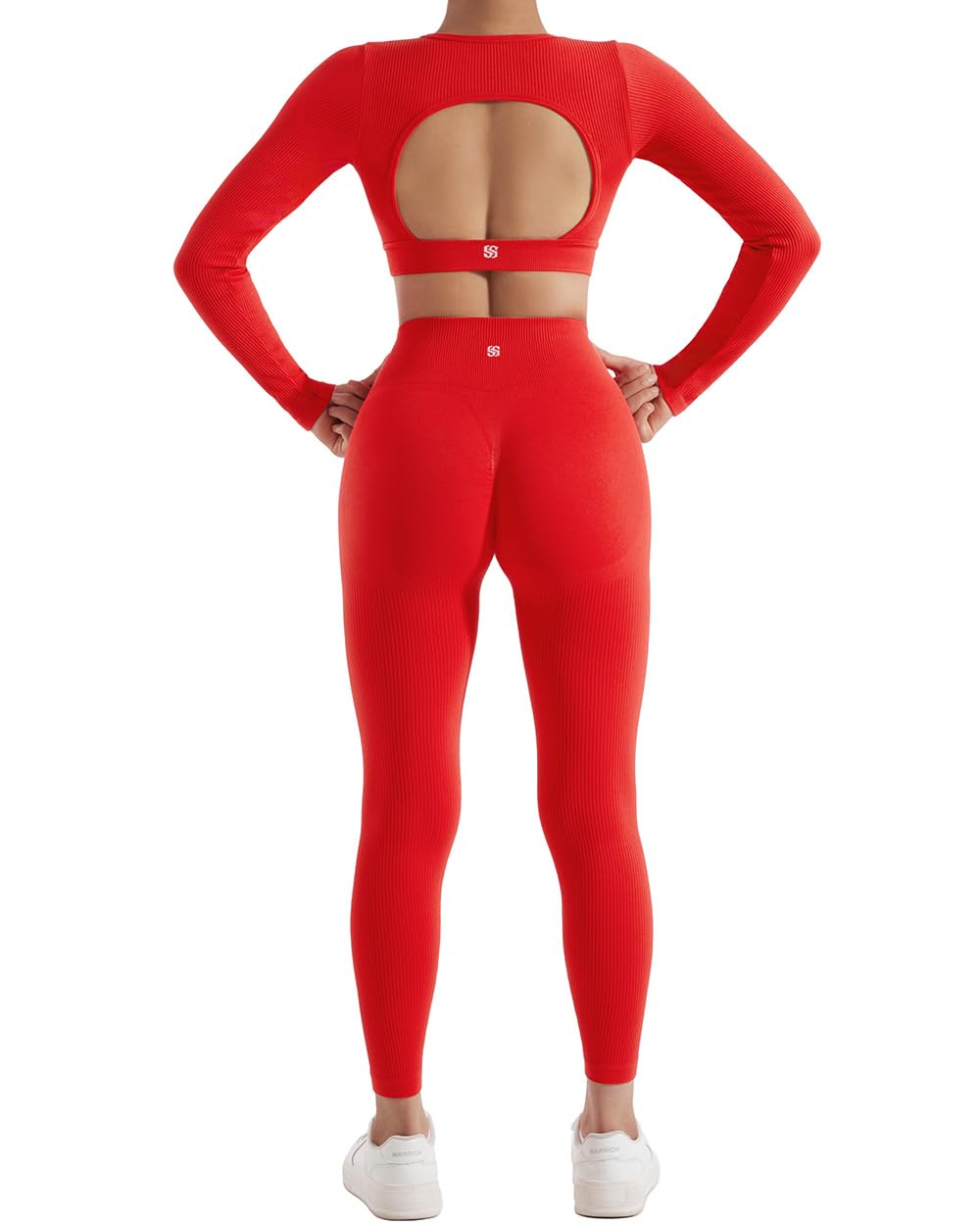 SUUKSESS 2 Piece Workout Sets for Women Long Sleeve Gym Sets Woman Butt Lifting Leggings Open Back Crop Tops: #2 Red Small