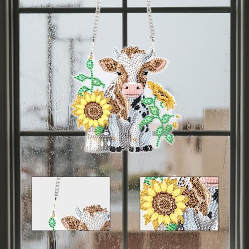 Image of Sunflower and Cow Diamond Art Hanging, DIY 5D Diamond Painting Ornament with Rhinestones, Handmade Craft Gift for Wall, Door, Window, Home or Garden Decor