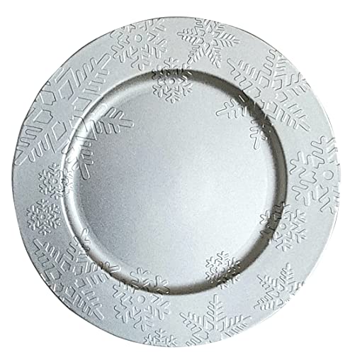 Silver Snowflake Design Plastic Chargers Set of 2, 13 inch by 13 inch