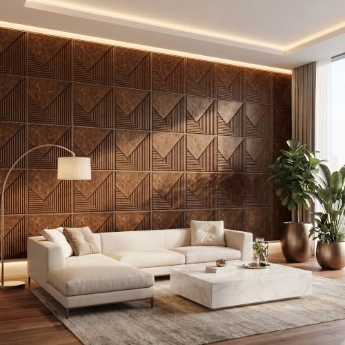 Image of Kayra Decor 3D PVC Wall Panels for Bedroom & Living Room | Plaina Design | Metallic Bronze Color | 19.7 x 19.7 Inch | Pack of 40 | 107.6 Sq Ft