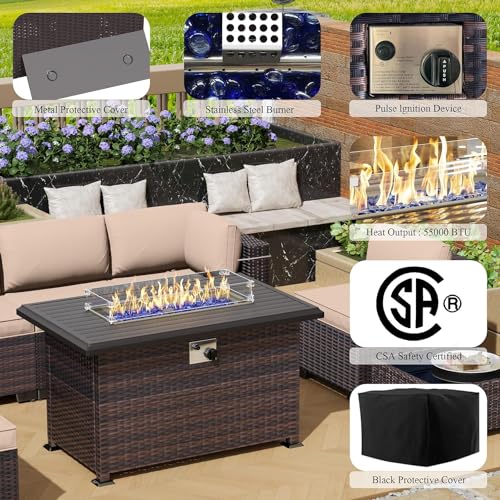 Image of 8 Pieces Outdoor Patio Furniture Set,Outdoor Sectional Furniture with 43 inch 55000 BTU Gas Propane Fire Pit Table,All Weather PE Rattan Wicker Patio Conversation Set,Sand