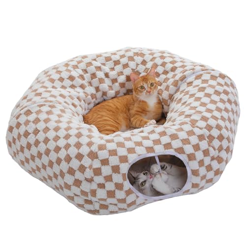 Image of PEQULTI Cat Tunnel with Cat Bed for Indoor Cats, Cat Play Donut Tunnel with Washable Soft Plush Mat, Round Tunnel Toys Cute Tube for Kittens, Puppies, Rabbits and Ferrets, Brown