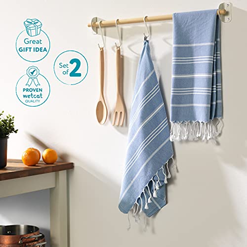 Wetcat Turkish Hand Towels With Hanging Loop (20 X 30) - Set Of 2, 100% Cotton, Soft - Pre Washed Boho Farmhouse Kitchen Towels - Unique Decorative Hand Towels For Bathroom (Denim Blue) #TOP5