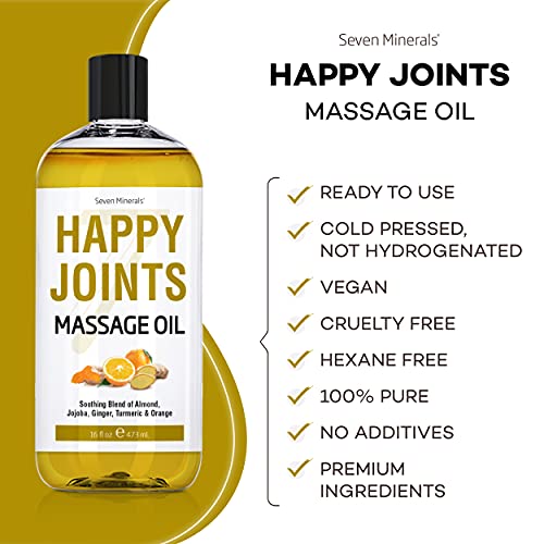 Vegan Happy Joints Massage Oil For Massage Therapy - Big 16Oz Bottle - Ideal For Professional Or At-Home Body Massage. Soothing Natural Blend Of Almond, Jojoba, Ginger, Turmeric, Orange, & Vitamin E #TOP3