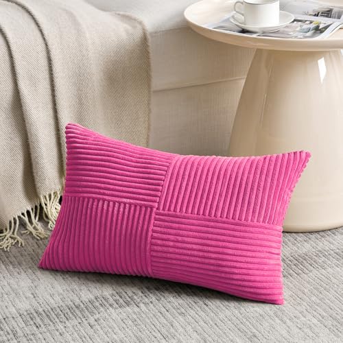 Image of Fancy Homi 2 Packs Hot Pink Lumbar Decorative Throw Pillow Covers 12x20 Inch for Living Room Couch Bed Sofa, Rustic Farmhouse Boho Home Decor, Soft Striped Corduroy Rectangle Accent Cushion Case