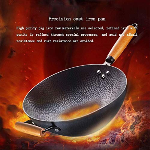 Wok de hierro fundido con mango de madera y fondo plano antiadherente miniatura 3