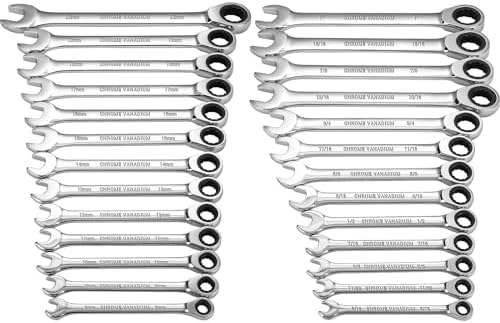 DEKOPRO 26-Piece Ratcheting Combination Wrench Set, Metric 8-22mm & SAE 5/16-1" Chrome Vanadium Steel Ratchet Combination Wrench Sets with Portable Nylon Pouch
