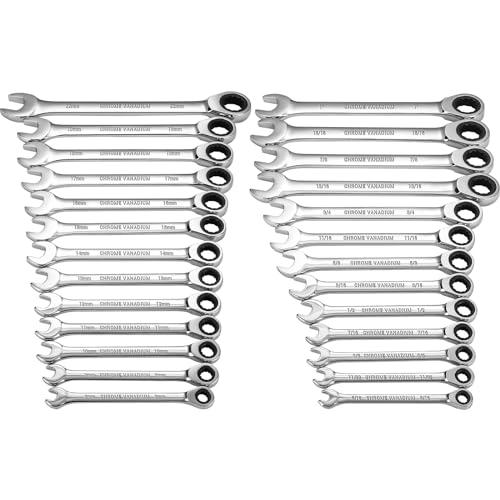 DEKOPRO 26-Piece Ratcheting Combination Wrench Set, Metric 8-22mm & SAE 5/16-1″ Chrome Vanadium Steel Ratchet Combination Wrench Sets with Portable Nylon Pouch