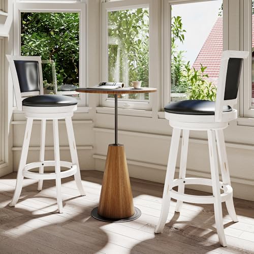 Betterhood 29" Bar Height Swivel Stools, High Back Swivel Bar Stools with Faux Leather Upholstered Seat & Solid Wood Footrest, Counter Bar Chairs for Kitchen Island & Pub (Antique White, Set of 2)