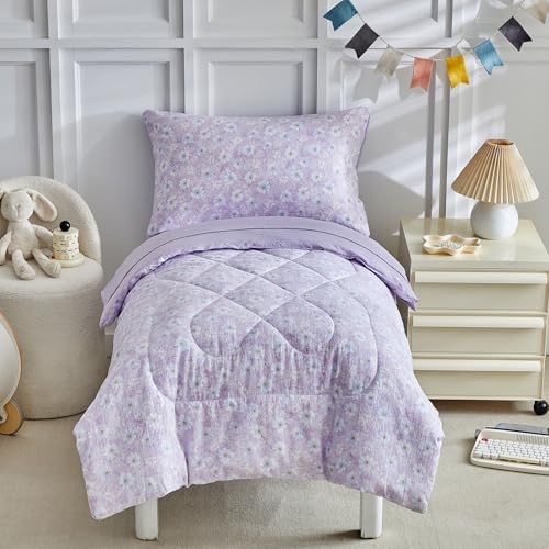 Image of JHXHMX Floral Toddler Bedding Set for Girls,4 Piece Bed-in-a-Bag Toddler Comforter Set,Soft Crib Bed Set Including Comforter,Flat Sheet,Fitted Sheet and Pillowcase-Purple