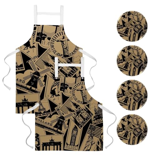 Lot de 2 tabliers de cuisine vintage au motif de voyage en ville avec 4 broches