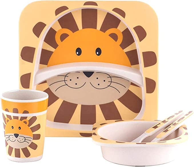 Kids Eco-Friendly Crockery Dinner Set | Bamboo Fiber Dinnerware | Toddler Self Feeding Baby Utensil Set of 5 pc - (Lion Print)-image-41