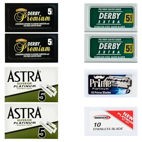 ABS American Beauty Supply Double Edge Safety Razor Blades Sampler Pack for Men-Includes 3 Top Global Brands: Dorco Astra Derby-Comfortable Shaving –Fits All Double Edge Safety Razors (50)