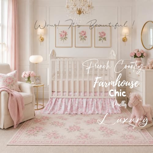 Image of Brandream Organic Cotton Crib Skirt Dust Ruffle, Baby Girl Crib Bed Skirt, 4-Sided, Luxury French Vintage Pink Rose Floral & Bow Cottagecore Toddler Bedskirt Farmhouse Chic Nursery Bedding Skirt