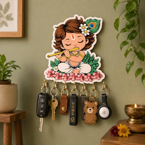 Image of Baby Krishna Wooden Key Holder for Wall | Krishna Flute MDF Key Stand with 6 Hooks | Decorative Wall Mounted Key Organizer for Home Entrance, Living Room & Office | Spiritual Gift Decor