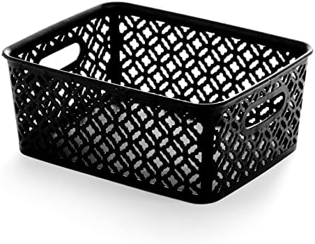 BINO l Plastic Storage Bins, Medium - Black l THE BLOSSOM COLLECTION l Multi-Use Organizer Bin l Built-in Handles l Plastic Woven Basket for Organizing l Pantry Storage Basket l Home Organizing Basket
