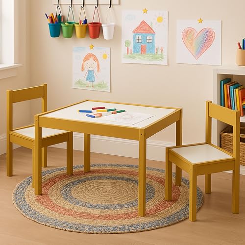 Image of PJ Wood - 3 Piece Kids Wooden Table and Chairs Set - Dry Erase Top