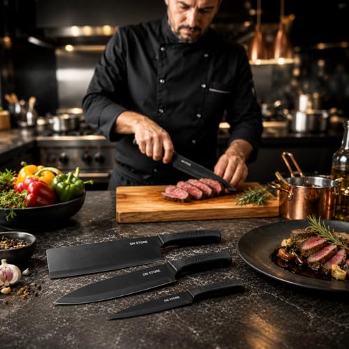 Image of ON STORE Kitchen Knife Set 3 Pcs - Ultra Sharp Stainless Steel Chef Knives with Ergonomic Non-Slip Handle - Professional Cooking Knife Set for Home & Kitchen Use