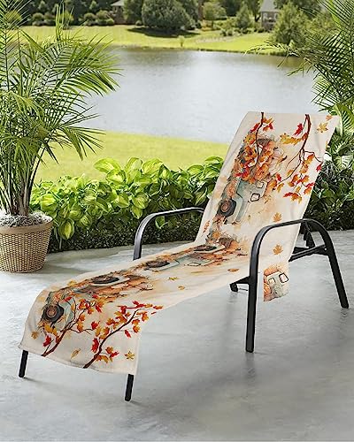 Thanksgiving Fall Beach Chair Towel Covers for Chaise Lounge with Side Pocket, Soft Plush Pool Towels Cover for Patio Sunbathing Outdoor 29''x85'' Autumn Truck Harvest Pumpkins Leaves