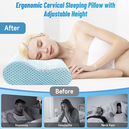 Image of CloudBliss Neck Pillow for Sleeping, Ergonomic Cervical Neck Pillow for Neck Pain Relief, Memory Foam Pillow fit Neck Contour, Bed Pillow for Side Back Stomach Sleepers (Blue, Standard Size)