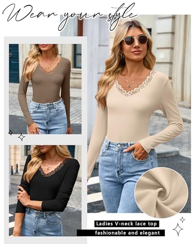 3 Pack Women's Cotton Long Sleeve Tops V Neck Ribbed Knit Lace Sexy Shirts Slim Fit Dressy Casual Tight Basic Tees4