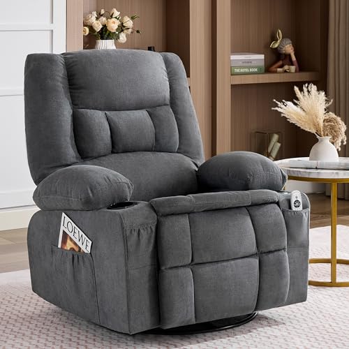 Image of Oversized Swivel Rocker Recliner Chair with Massage & Heat,Nursery Rocking Chairs for Living Room,Recliner Chair for Adults,Ergonomic Relining Chair with Cup Holders,USB Charge Port,Side Pockets,Grey