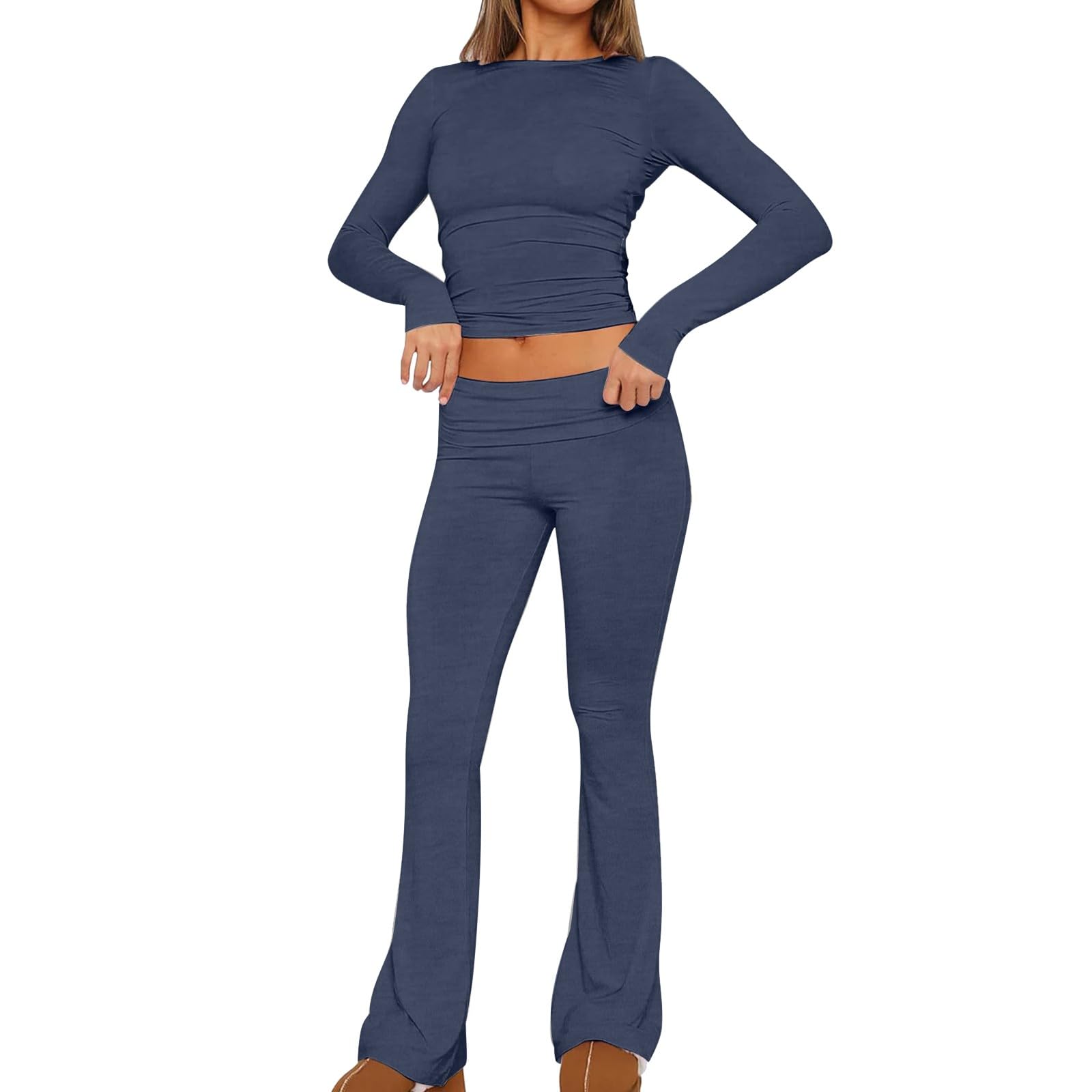 Tuta da yoga da donna, 2 pezzi, in cotone, elasticizzata, slim fit, a maniche corte, girocollo, top e pantaloni lunghi, tinta unita, per il tempo libero