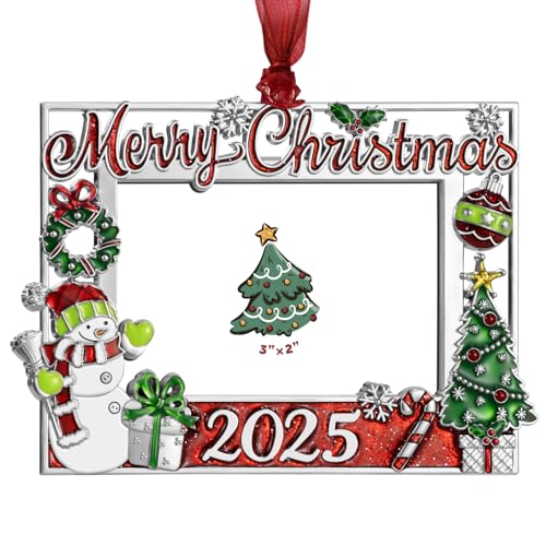 Mulumu 2025 Christmas Tree Snowman Ornament Picture Frame Metal Hanging Pendant Holiday 3x2 Photo Frame Charm Decorative of Pets, Baby First Christmas, Family (2025 Snowman)