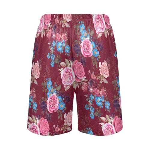 Rose Floral Red Pajama Shorts for Men Lounge Pants Sleep Lounge Pant Mens Casual Pajama Shorts with Pockets, S-XXL-XXL2