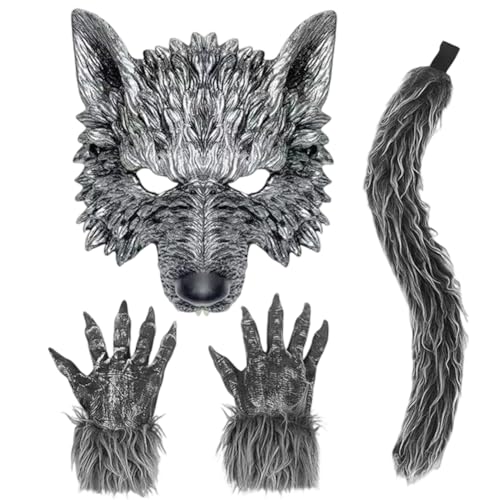 Disfraz De Lobo 3 Piezas,Diadema Con Orejas De Lobo Traje De Gris Oscuro Con Corbata,Orejas De Lobo y Cola,Para Halloween Carnaval Festival Fiesta Show Cosplay (B)