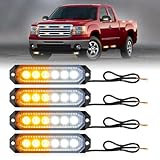 HLauto 406T Emergency Strobe Grille Lights: 4Pcs 6 LED Sync Feature Safety Warning Flashing Light, 12V-24V Ultra Slim Surface Mount Hazard Caution Light for Truck, Vehicle, Car, ATV, UTV (Amber White)