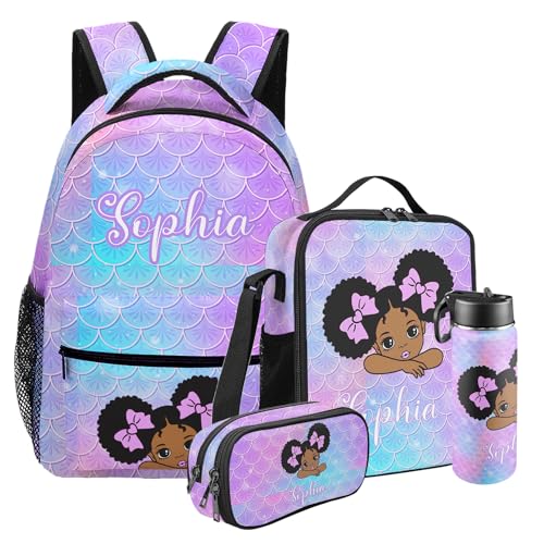 Custom Backpack School Bag for Girls Kids, Personalized Backpacks Bookbag with Lunch Box Water Bottle Pencil Case 4 Sets, Mermaid Black Girl Casual Daypacks Shoulder Bags for Elementary Preschool